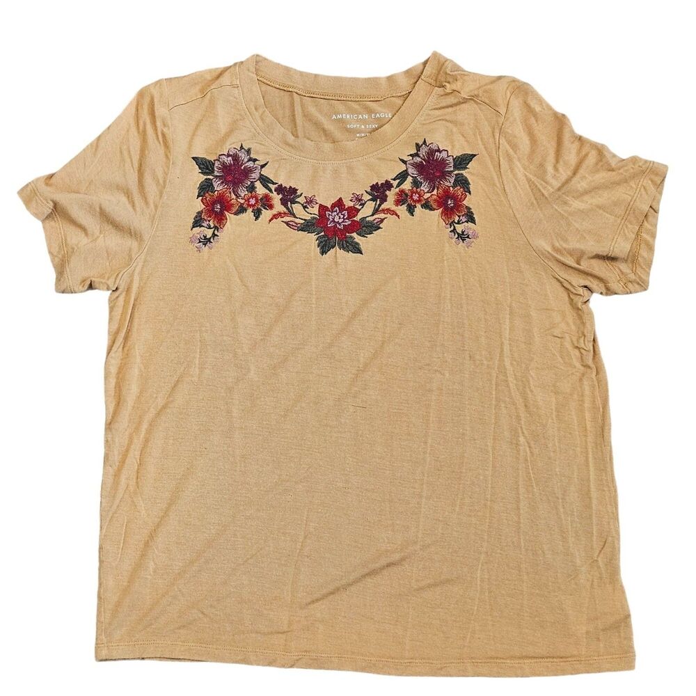 American Eagle Soft & Sexy Brown Floral Short Sleeve Women's Shirt Size Medium